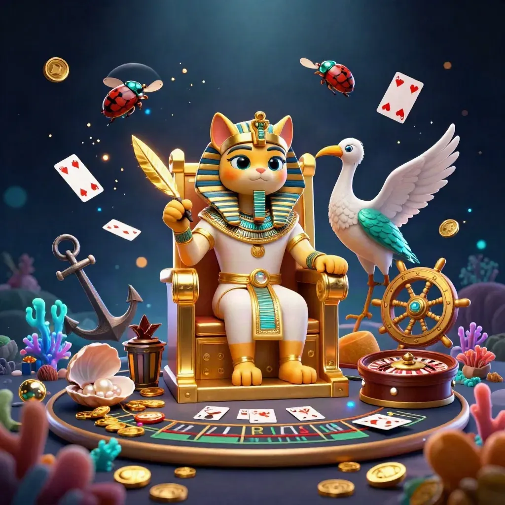 Pharaoh cat, ibis scribe, and gem-winged scarabs in a luxe casino treasure scene.