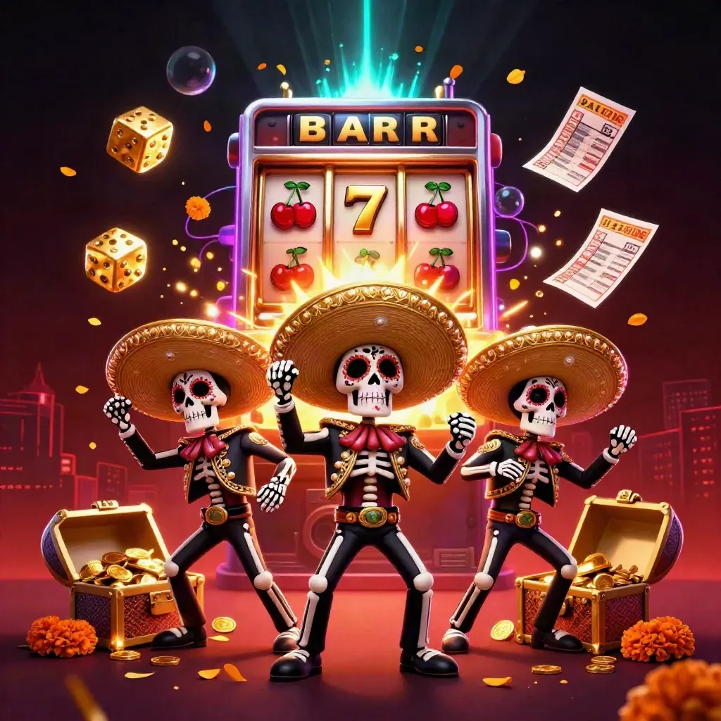 Skeleton mariachi trio amid exploding slot jackpots, gold coins, and neon casino light.