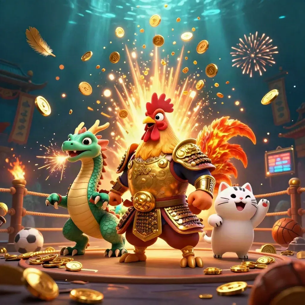 Rooster samurai, spark-breathing hatchling, and lucky cat amid coins, fireworks, and casino glow.