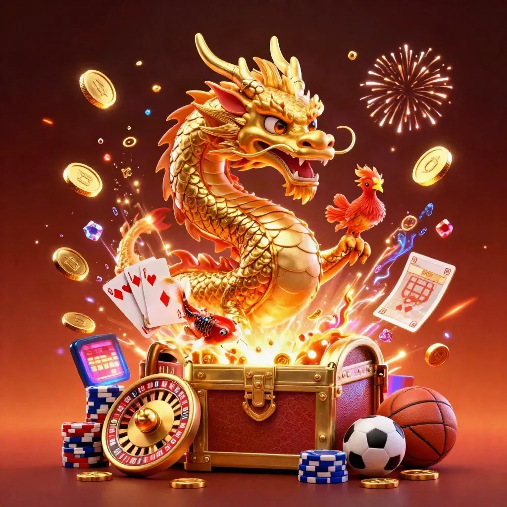 Golden dragon, phoenix, koi and casino icons erupting from a treasure chest in neon fire.