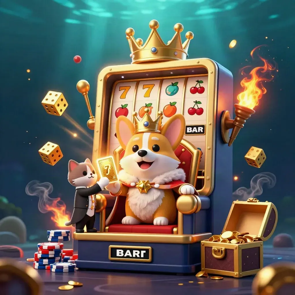 Royal corgi and cat butler amid exploding slot reels, chips, gold, and neon underwater rays.