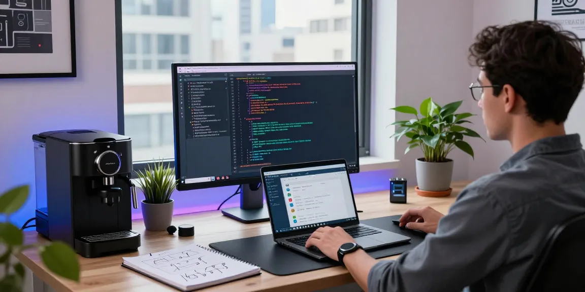 Workspace pengembangan perangkat lunak dengan coder, layar kode dan alat kolaborasi, menggambarkan halte4d di lingkungan kerja modern.